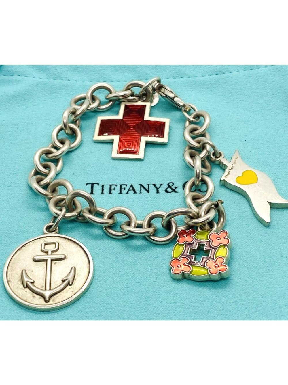 Tiffany & Co Sterling Silver 925 Multi Charm Enamel Bracelet 4 Charms 8.25"